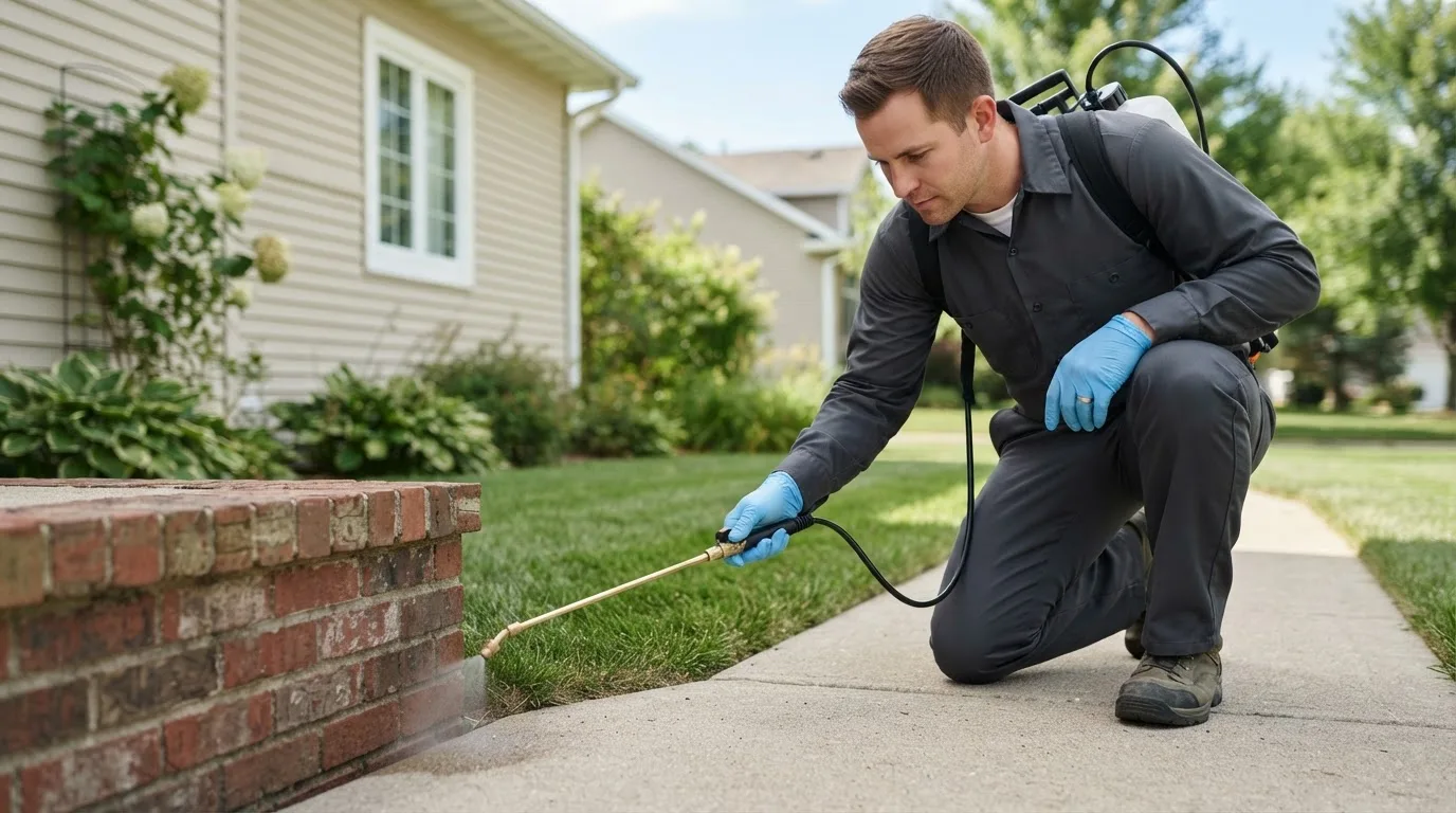 Pest control technician treating a home near Auburn, ME
