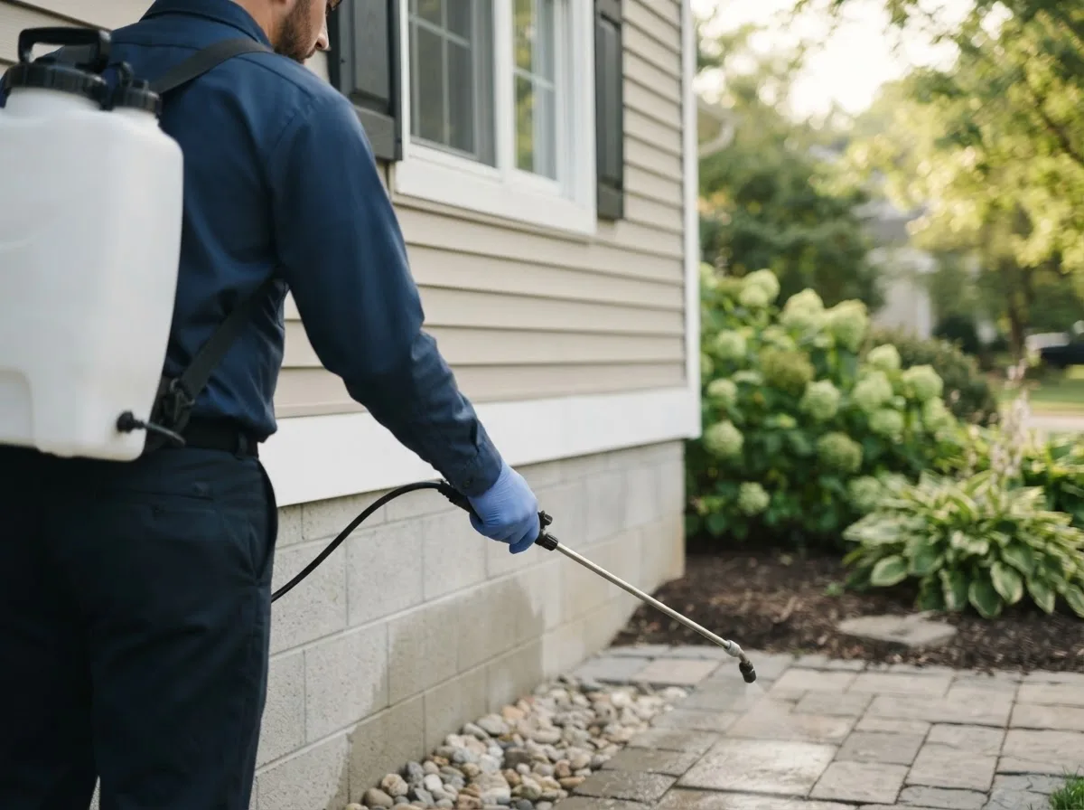 Pest control technician inspecting a home in Auburn, ME
